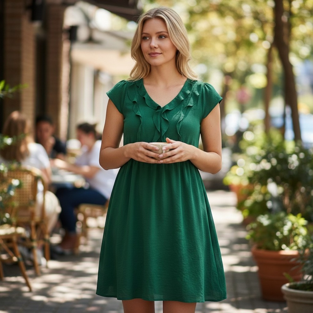 Hanna Nikole Dress Womens 24W Green Polyester Ruffle V-Neck Short Sleeve Flare